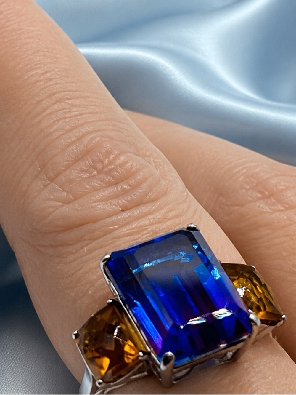 Emerald-Cut Midnite Fusion Doublet Quartz,Checkerboard-Cut Madeira Citrine Ring